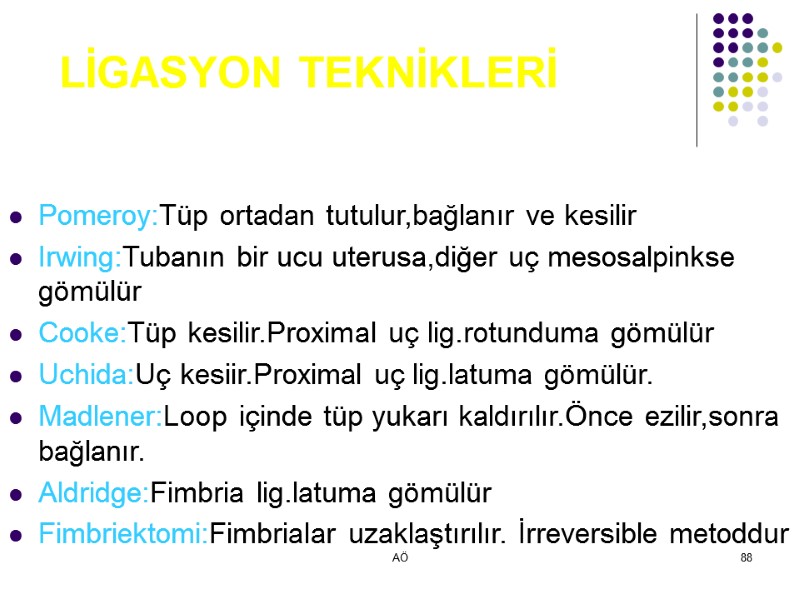 AÖ 88 LİGASYON TEKNİKLERİ Pomeroy:Tüp ortadan tutulur,bağlanır ve kesilir Irwing:Tubanın bir ucu uterusa,diğer uç
